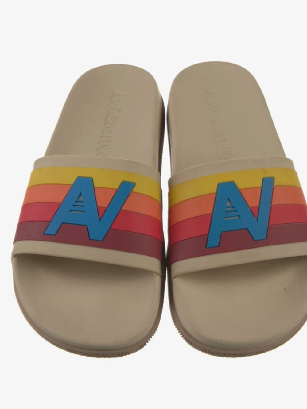 AVIATOR NATION LOGO RAINBOW 4 STRIPE SLIDES - VINTAGE WHITE sz 8